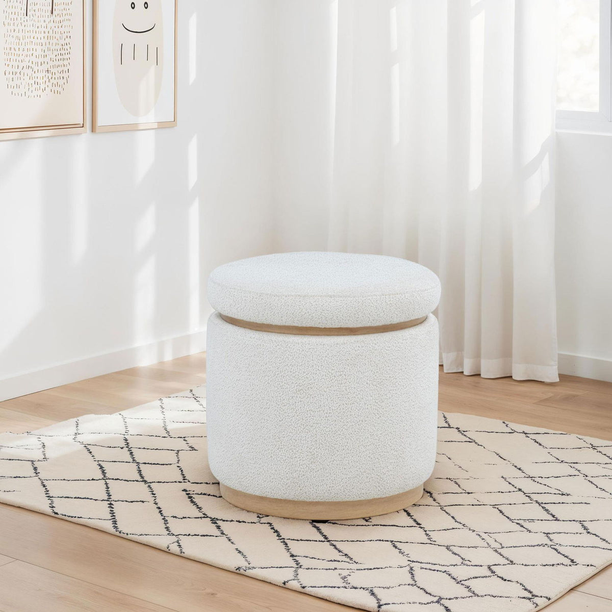 Remuda Boucle Upholstered Round Storage Ottoman Ivory