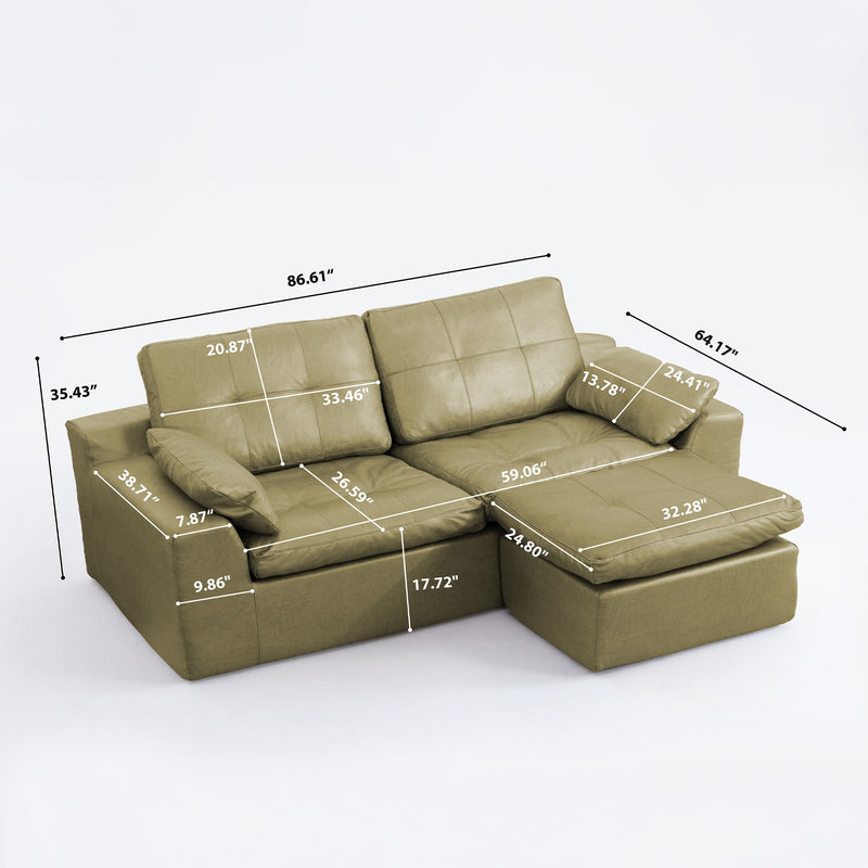Olive L-shaped sofa with movable ottoman; tufted back and padded seat cushions