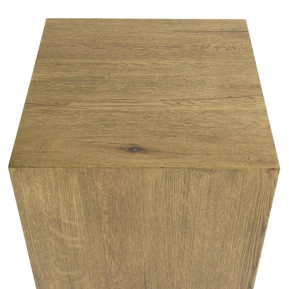 Square end table with square tabletop and light brown wood-grain finish