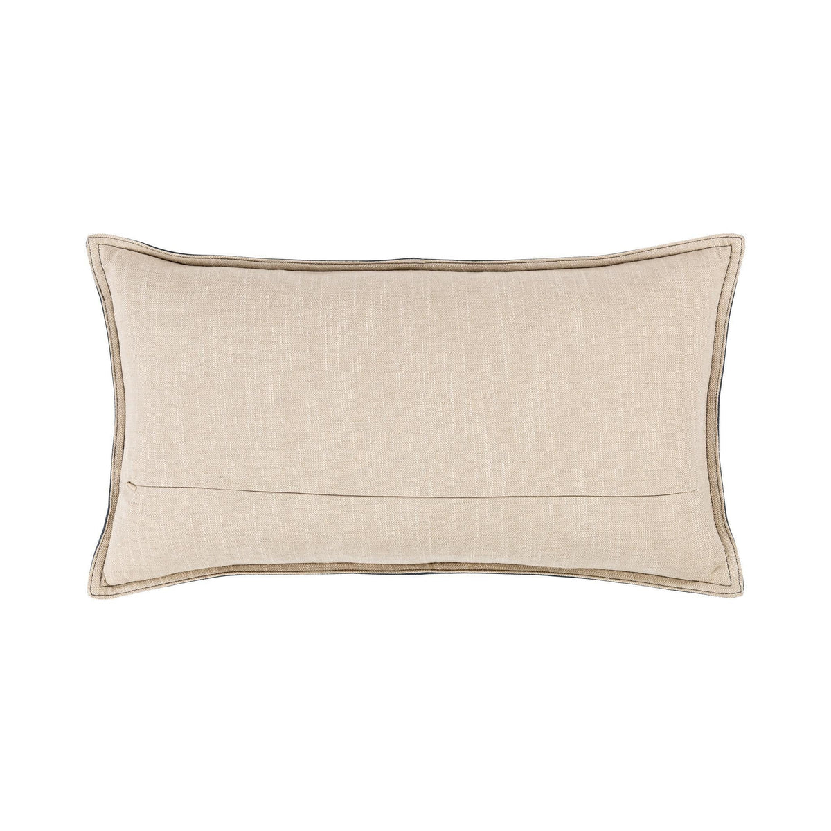 Light beige fabric lumbar pillow with contrast piping and center seam