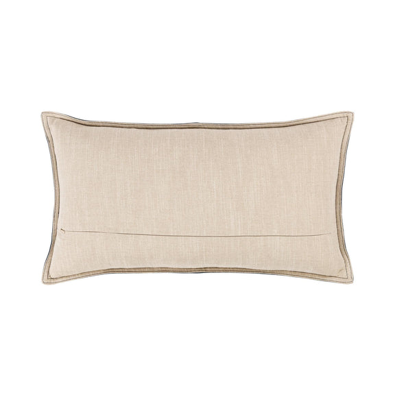 Light beige fabric lumbar pillow with contrast piping and center seam