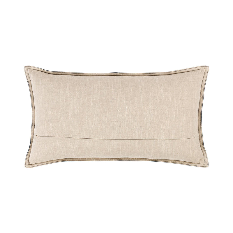 Light beige fabric lumbar pillow with contrast piping and center seam