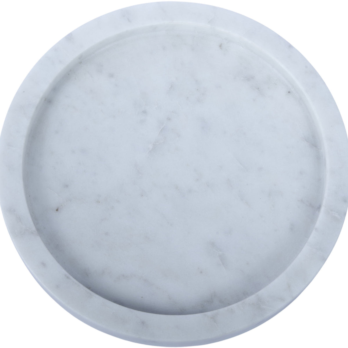 Round white marble tray with subtle gray veining, circular top view