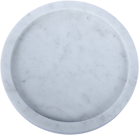 Round white marble tray with subtle gray veining, circular top view