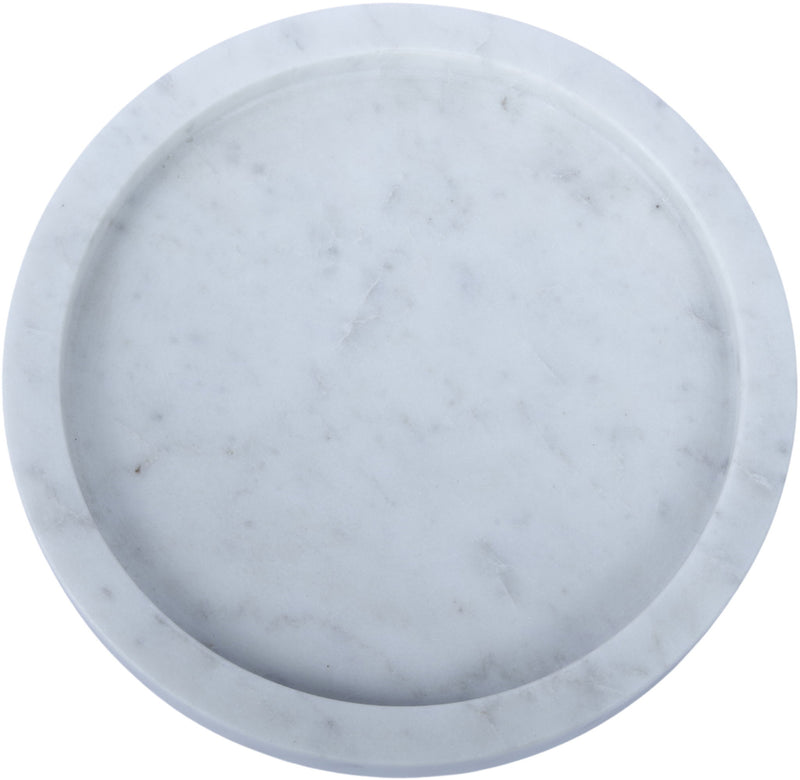 Round white marble tray with subtle gray veining, circular top view