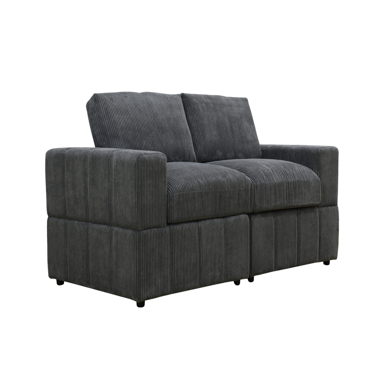 Dark gray upholstered loveseat sofa angled view with two tall back cushions
