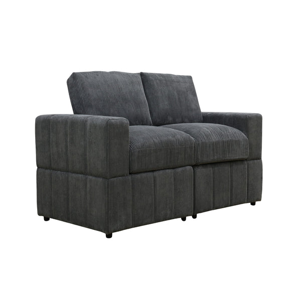 Dark gray upholstered loveseat sofa angled view with two tall back cushions