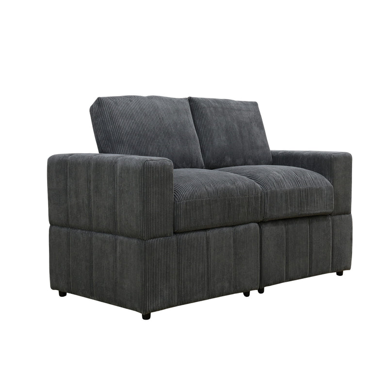 Dark gray upholstered loveseat sofa angled view with two tall back cushions