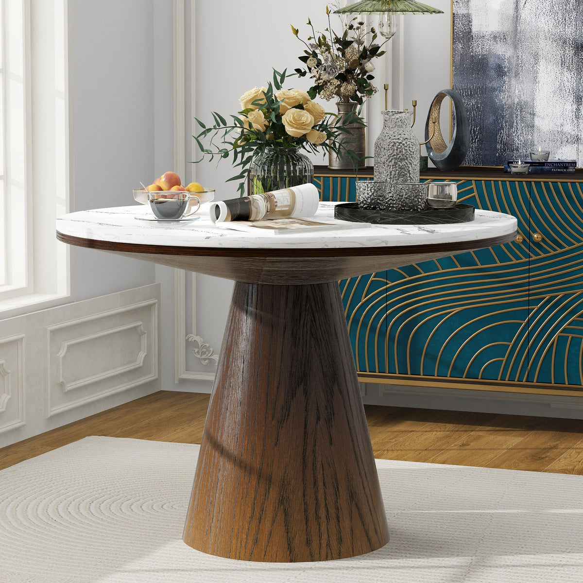 Round dining table with a marble-look top and brown wood-grain pedestal base