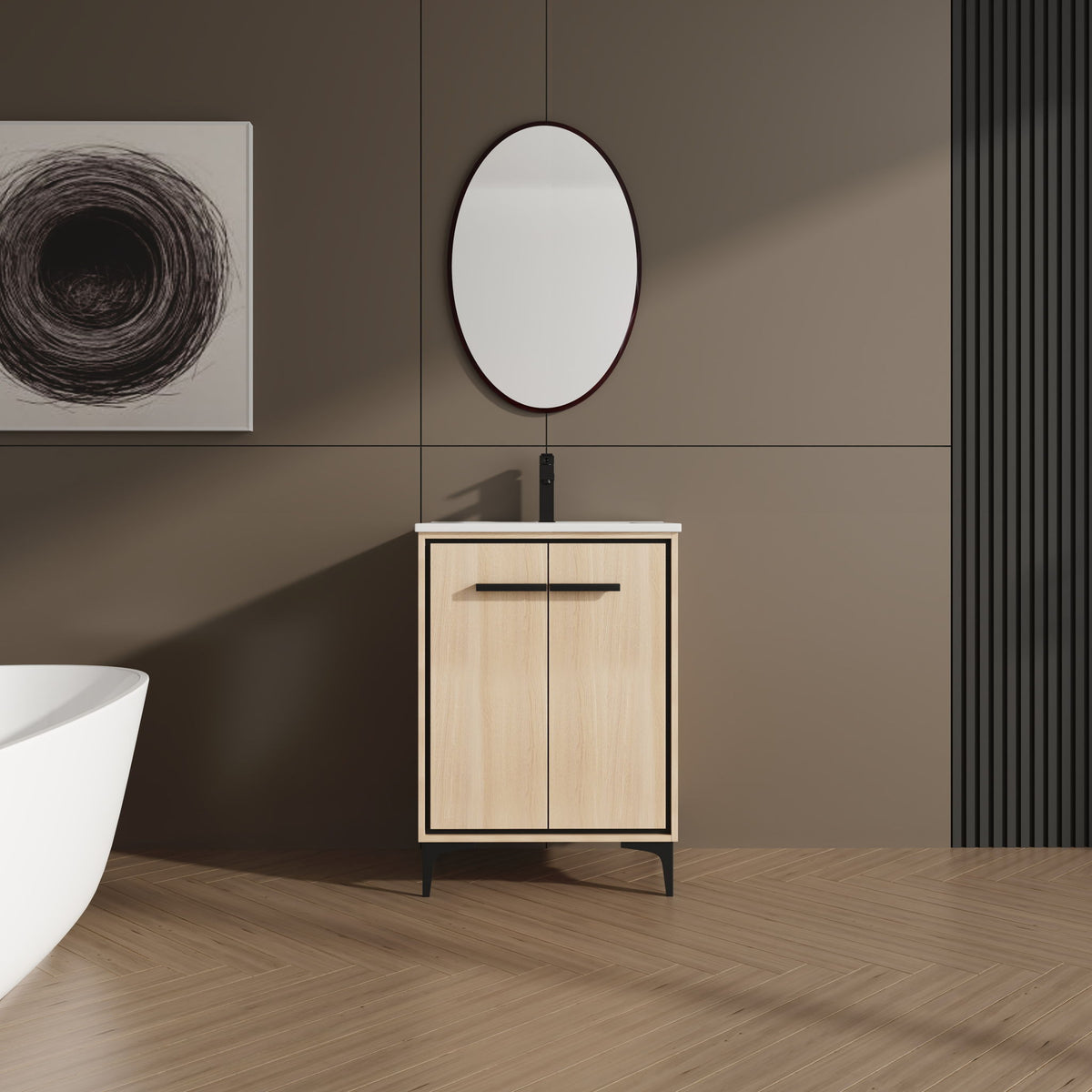 Light brown bathroom vanity with white sink, black bar handle, two-door cabinet on legs