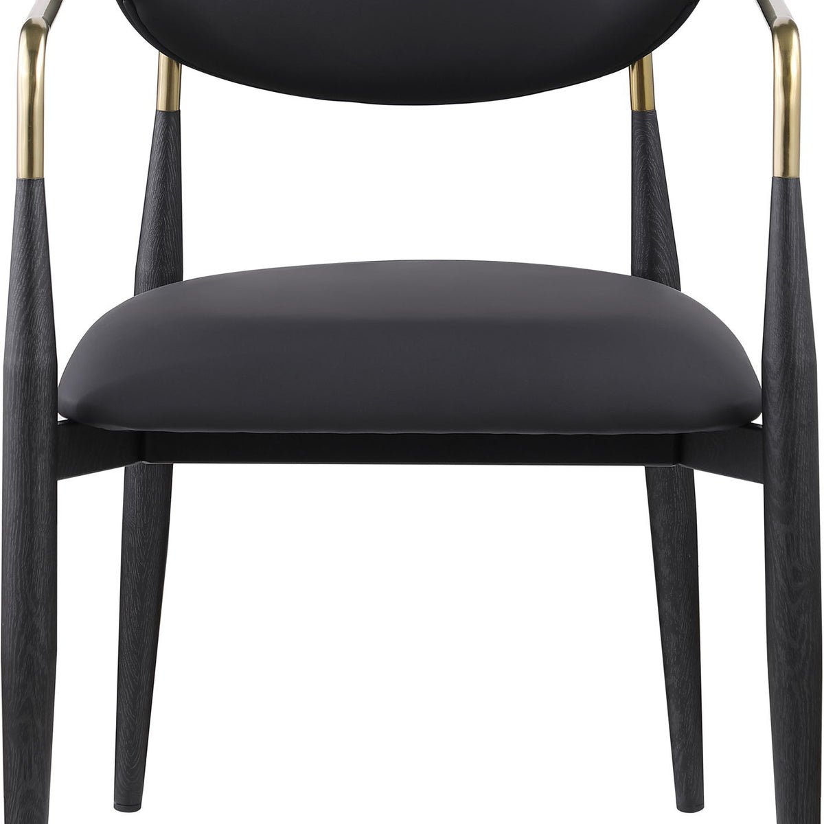 Black upholstered dining arm chair with rounded back, black legs, gold arm frame