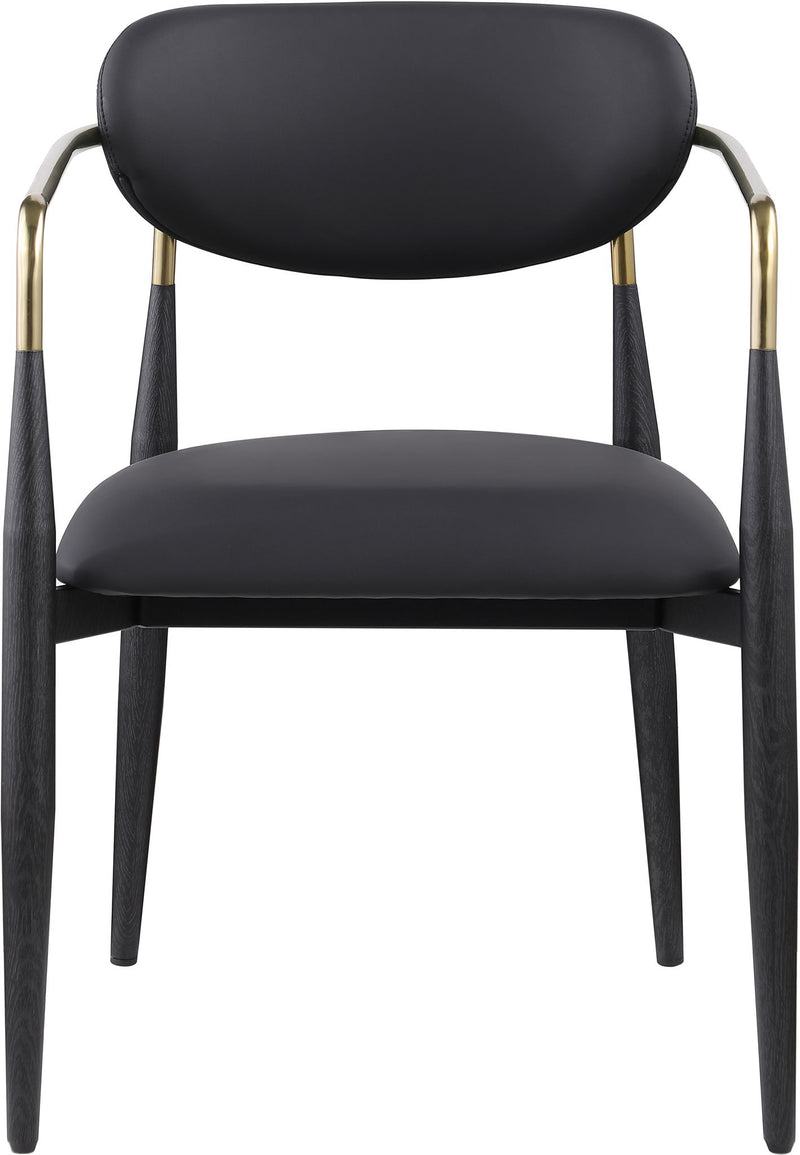 Black upholstered dining arm chair with rounded back, black legs, gold arm frame