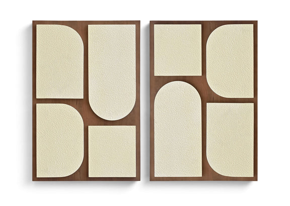 Two-piece wall art set with warm wood frames and beige abstract rounded panels.