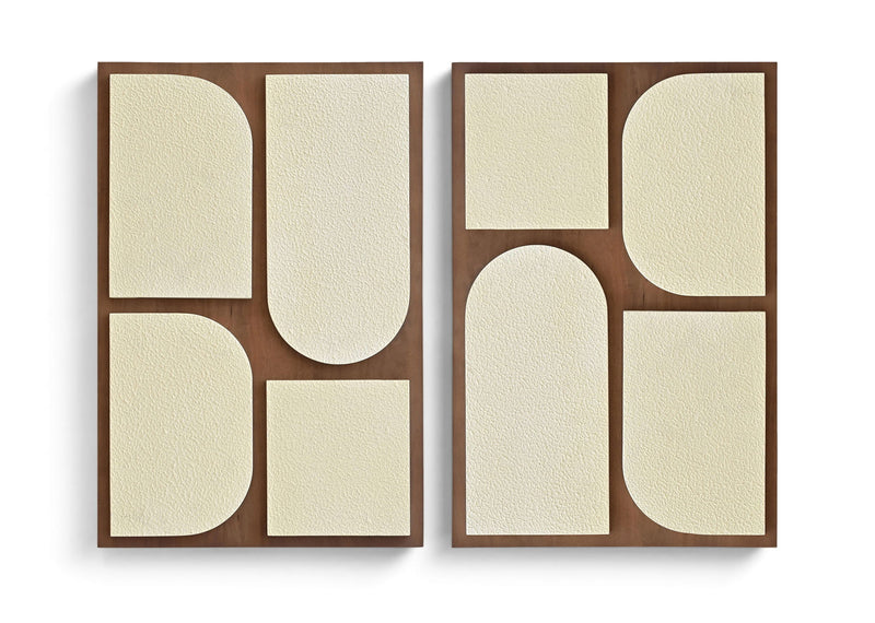 Two-piece wall art set with warm wood frames and beige abstract rounded panels.
