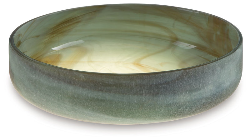 Sage green glass serving bowl with wide shallow shape and rounded rim