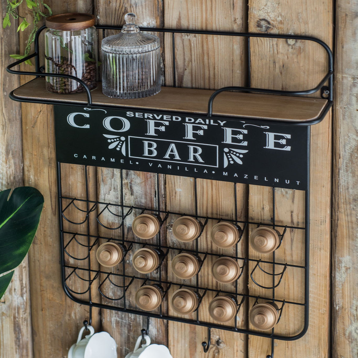 Floating Coffee Bar Shelf With Coffee Pod Holder, Hooks And Storage Shelf - Black