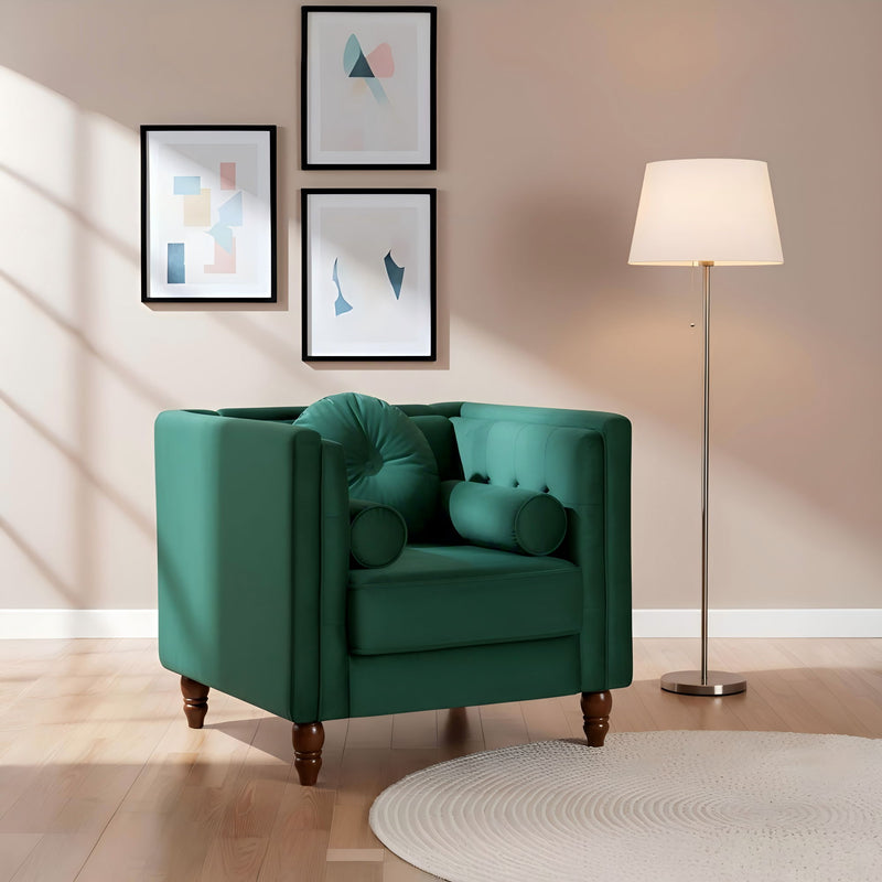 Green tufted accent side chair with square arms and deep padded seat