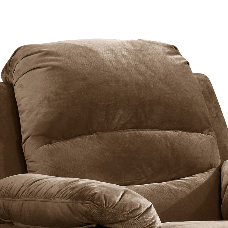 Close-up of brown recliner backrest and padded headrest