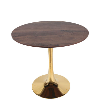 Round pedestal dining table with dark brown woodgrain top and gold base