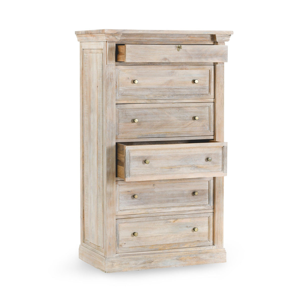 6-drawer chest with drawers slightly open, natural cream wash finish and metal pulls