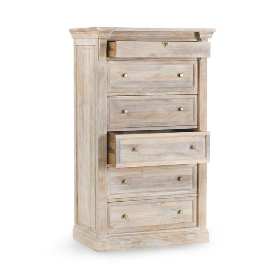 6-drawer chest with drawers slightly open, natural cream wash finish and metal pulls