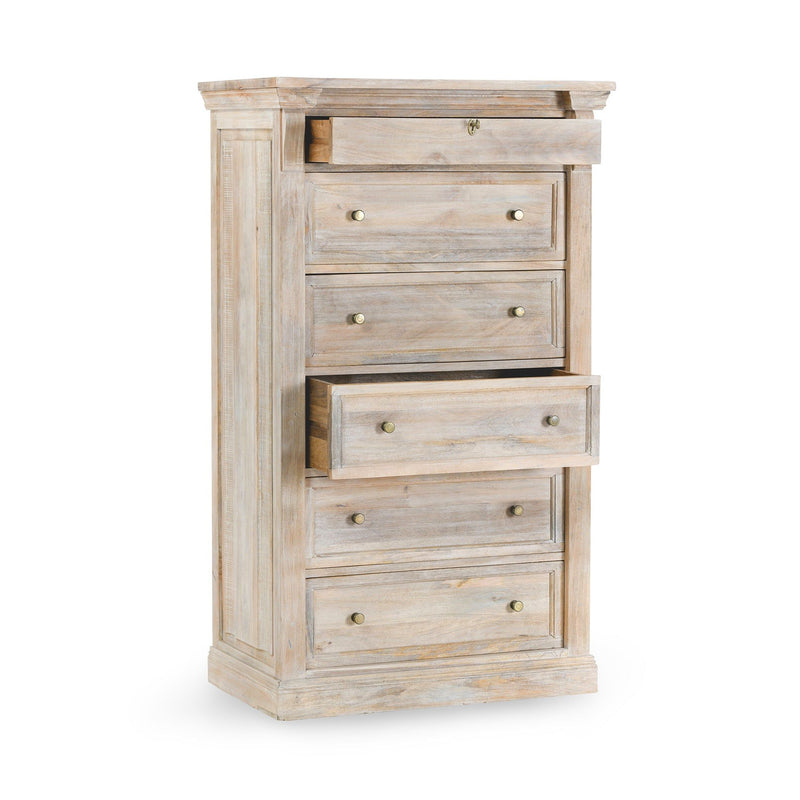 6-drawer chest with drawers slightly open, natural cream wash finish and metal pulls