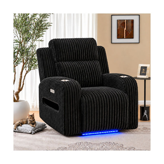 Black power recliner with cup holders and blue ambient LED light strip at base