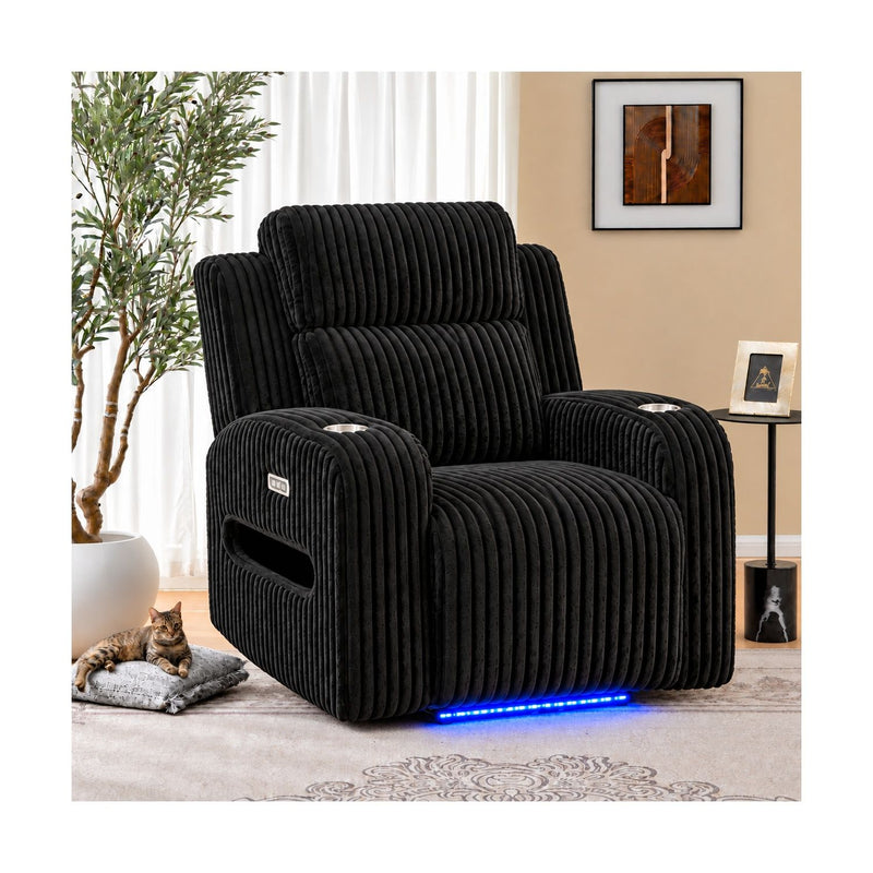 Black power recliner with cup holders and blue ambient LED light strip at base