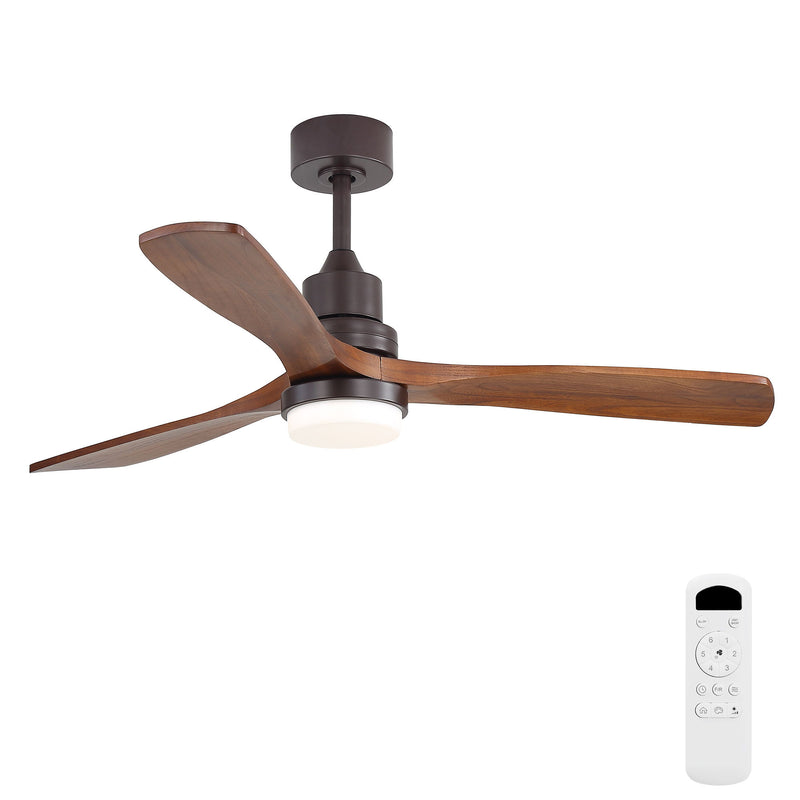 Coffee-brown ceiling fan with LED light, 3 blades, dark motor and remote
