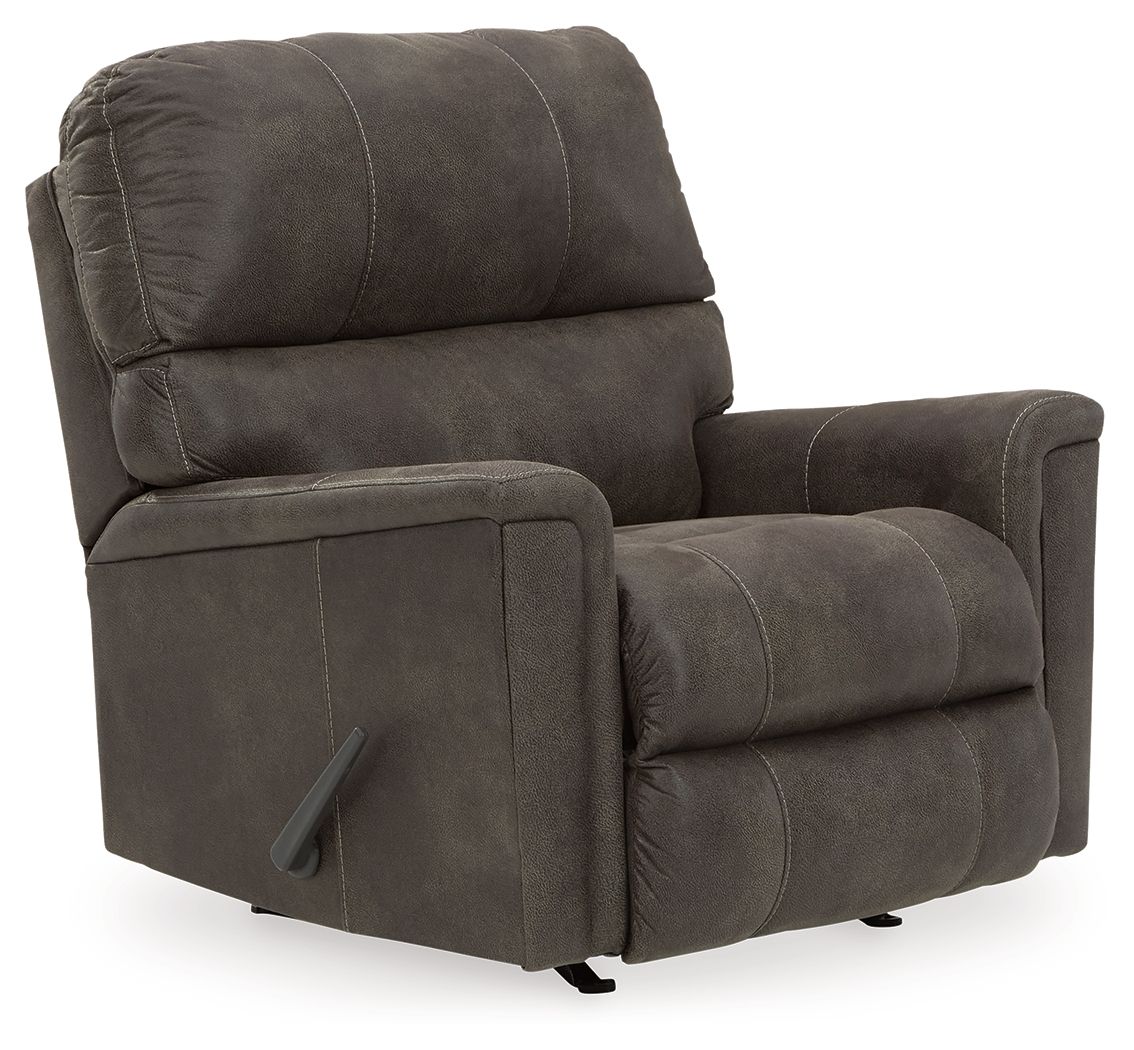Navi smoke gray rocker recliner with padded arms, headrest, and extended footrest