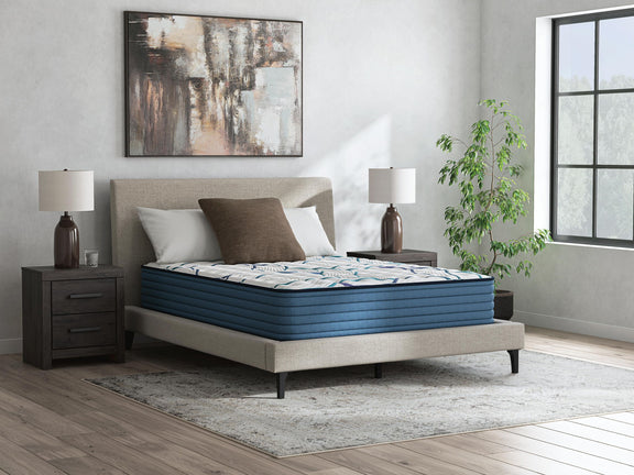 Firm 3.0 mattress on bed frame, white top with blue wave pattern and teal sides