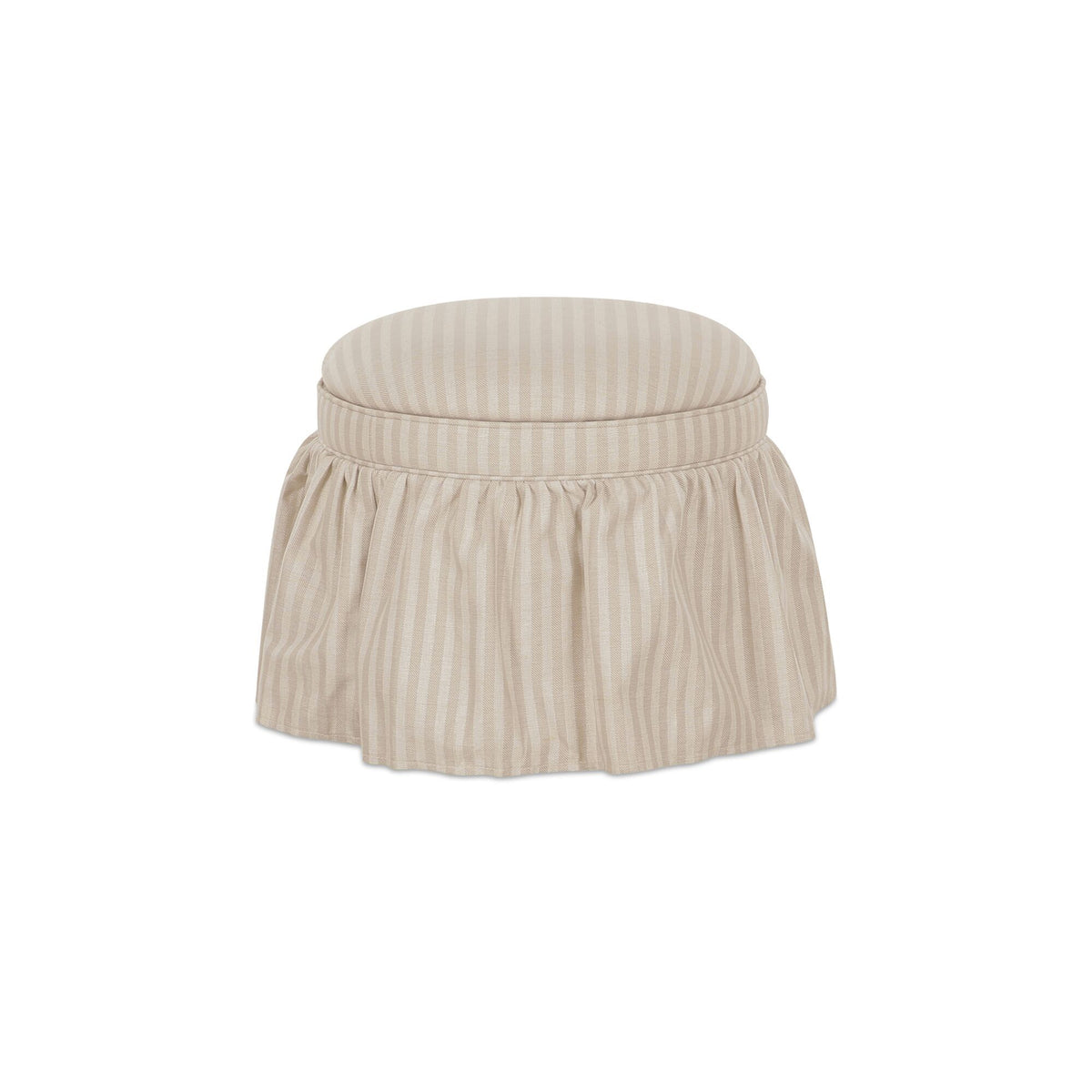 Beige striped storage ottoman with round lid and gathered skirt