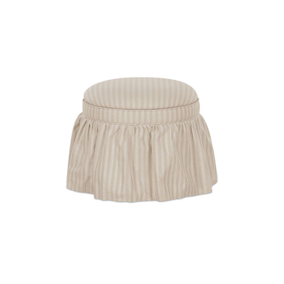 Beige striped storage ottoman with round lid and gathered skirt