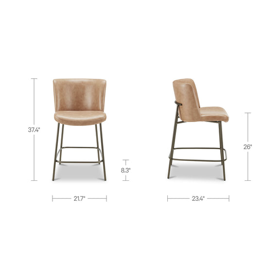 Tan leather counter stool shown in side and front views with metal footrest