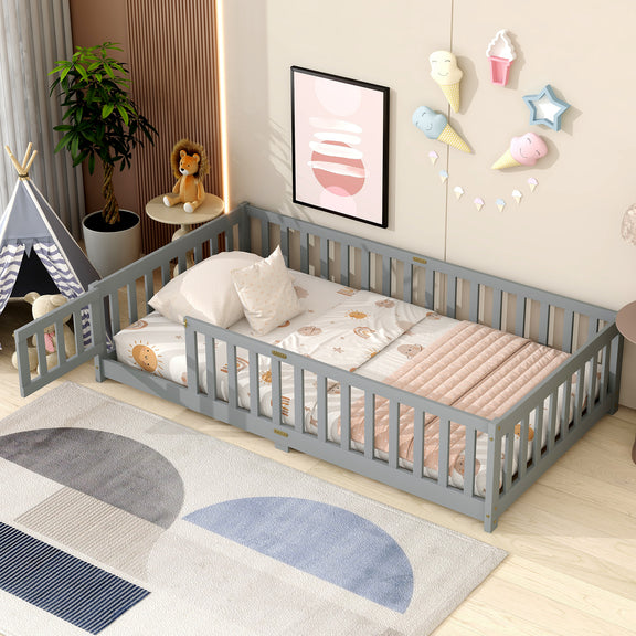 Twin grey floor bed with safety guardrails and fence, low platform base