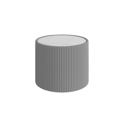 Gray cylindrical coffee table with ribbed sides and round marble-look top