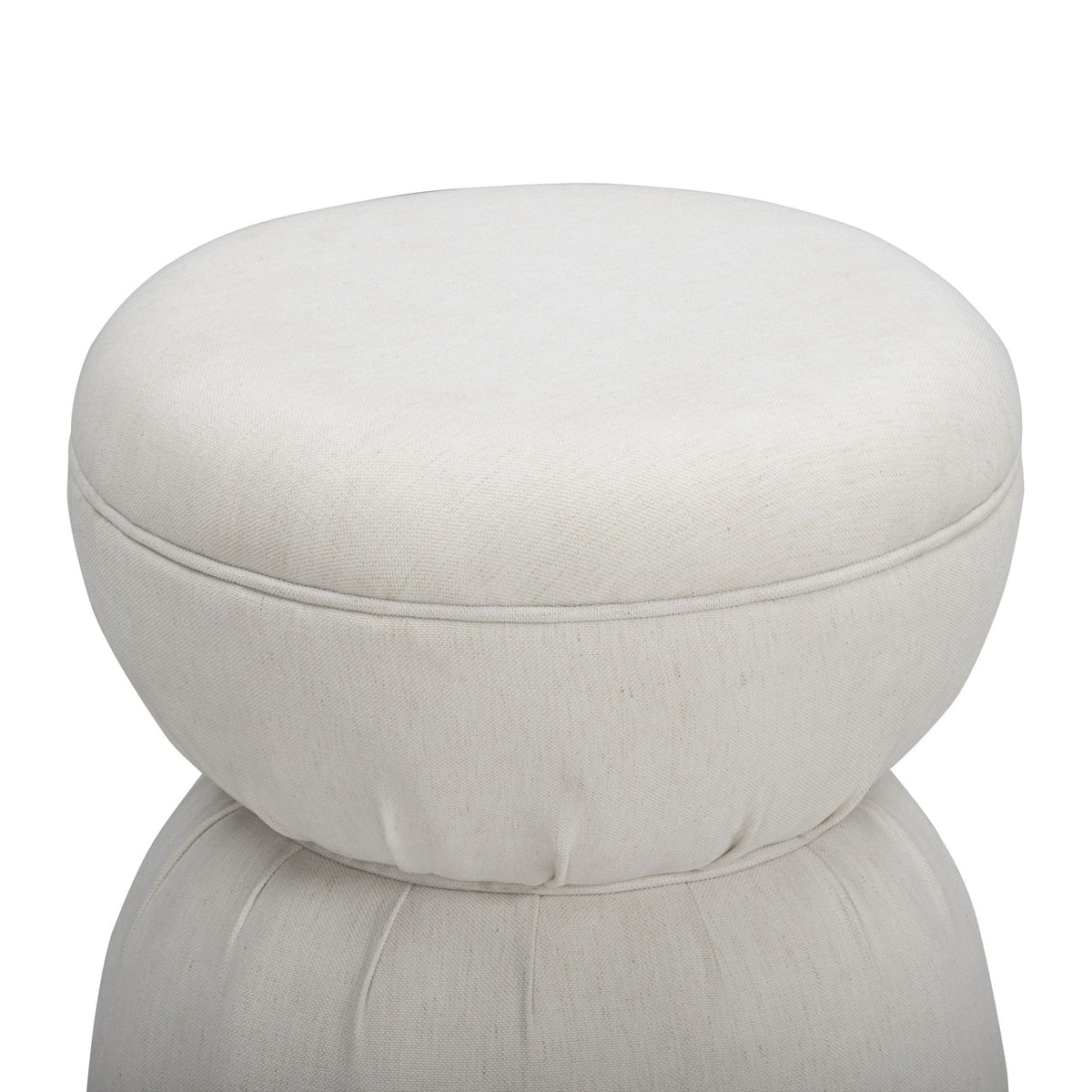 White ruched upholstered ottoman with round padded top and stacked base