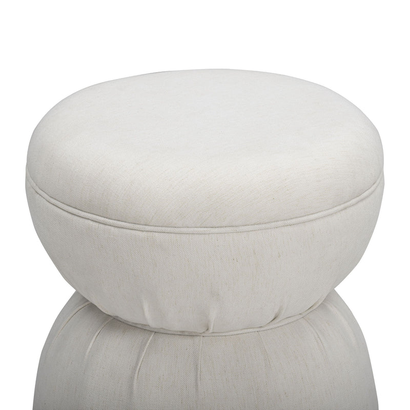 White ruched upholstered ottoman with round padded top and stacked base