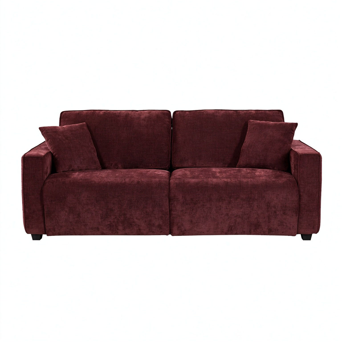 Dark red pull-out sofa bed with three back cushions and two seat cushions