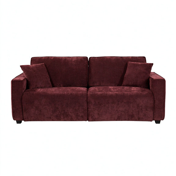 Dark red pull-out sofa bed with three back cushions and two seat cushions