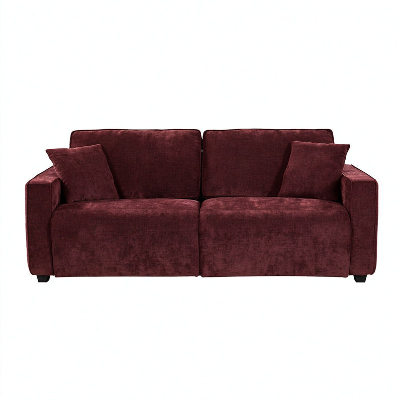 Dark red pull-out sofa bed with three back cushions and two seat cushions