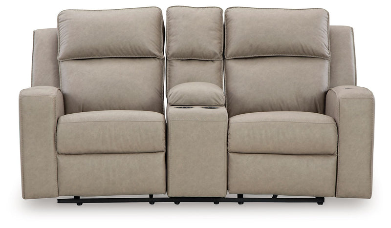 Pebble upholstered reclining loveseat with console, centered headrests and cushioned seatbacks