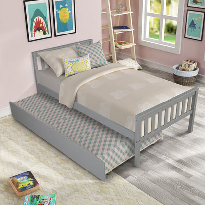 Twin Bed with Trundle, Platform Bed Frame with Headboard and Footboard, for Bedroom Small Living Space, No Box Spring Needed, Grey