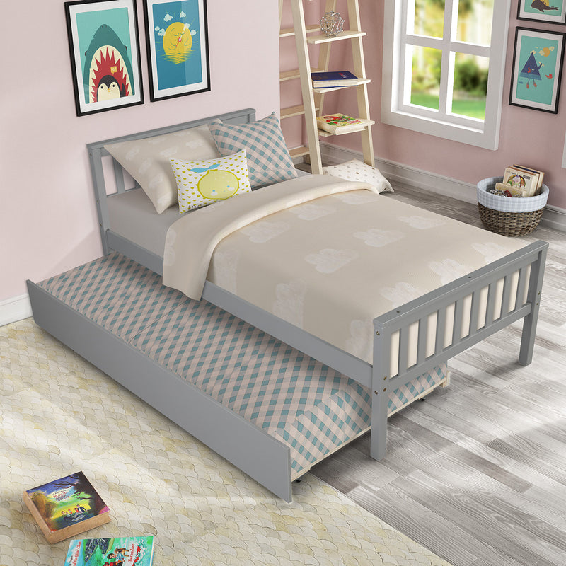 Twin Bed with Trundle, Platform Bed Frame with Headboard and Footboard, for Bedroom Small Living Space, No Box Spring Needed, Grey