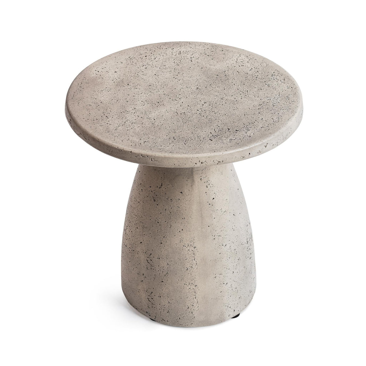 Outdoor accent table with speckled light gray round tabletop and tapered pedestal base.