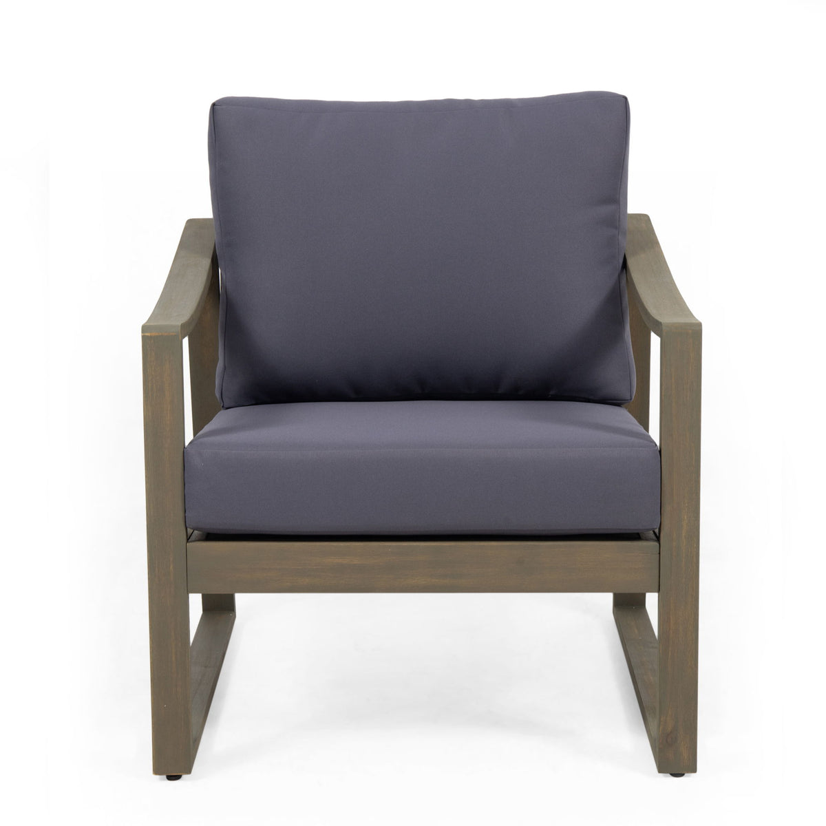 Dark gray outdoor club chair with acacia wood arms and seat cushions