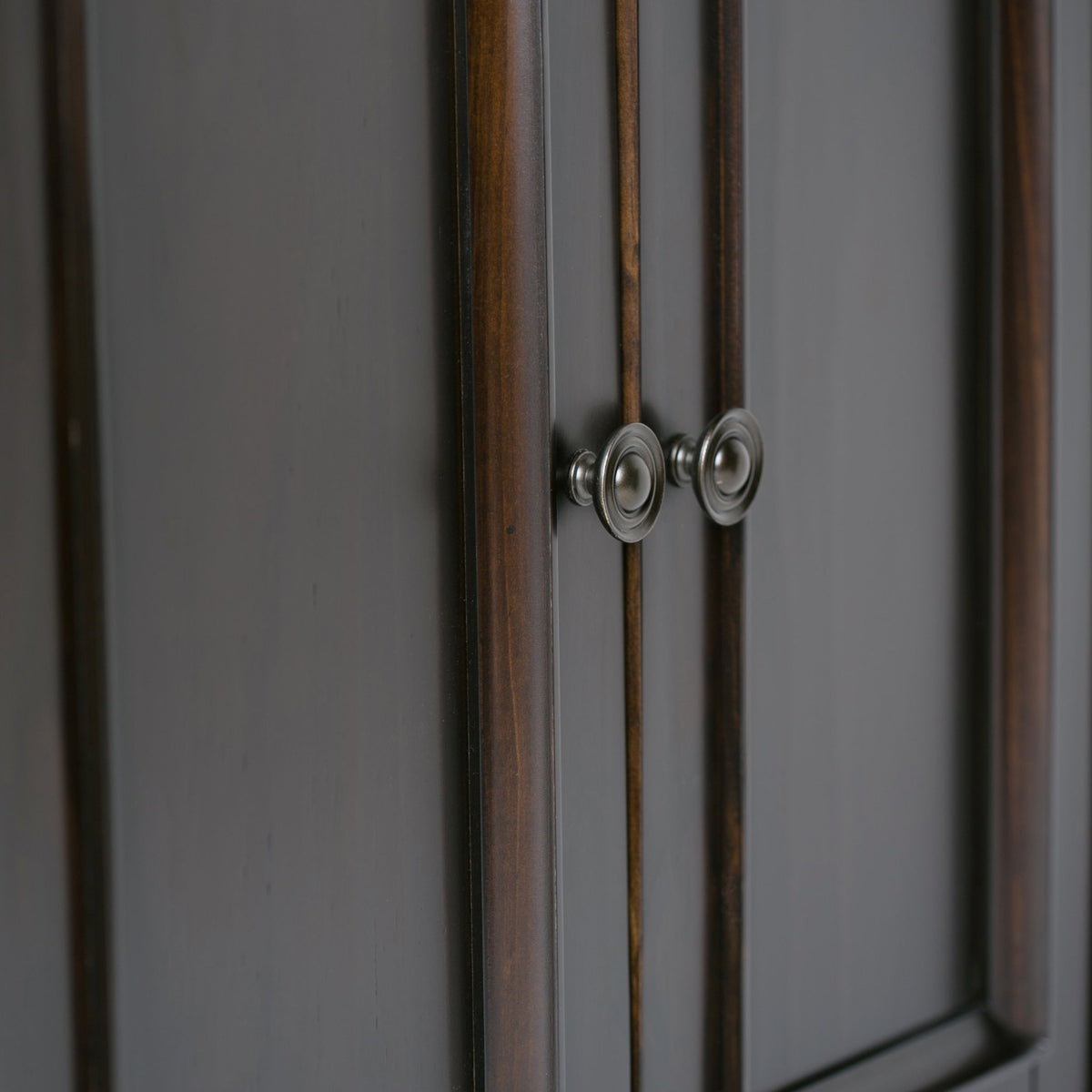Amherst cabinet close-up of paired round metal knobs and raised door panels
