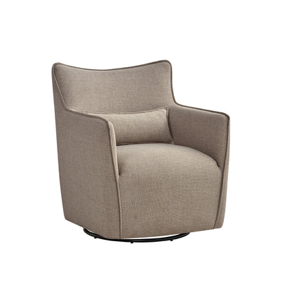 Light beige swivel accent chair with matching lumbar pillow, angled front view