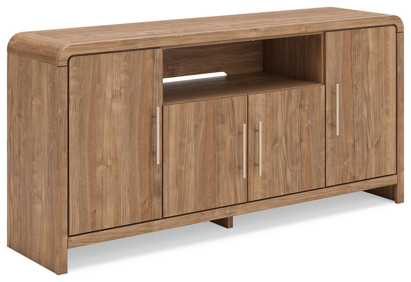 Brown wooden TV stand with center open shelf and two cabinet doors