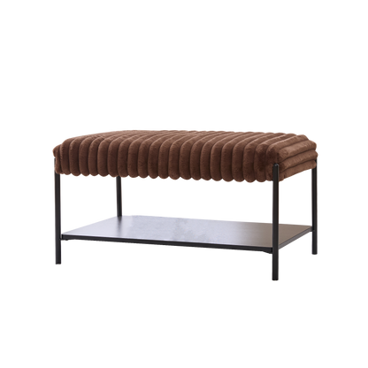 Upholstered Ottoman Coffee Table Foot Rest with Black Metal Legs and Wooden Storage, Faux Fur, Brown